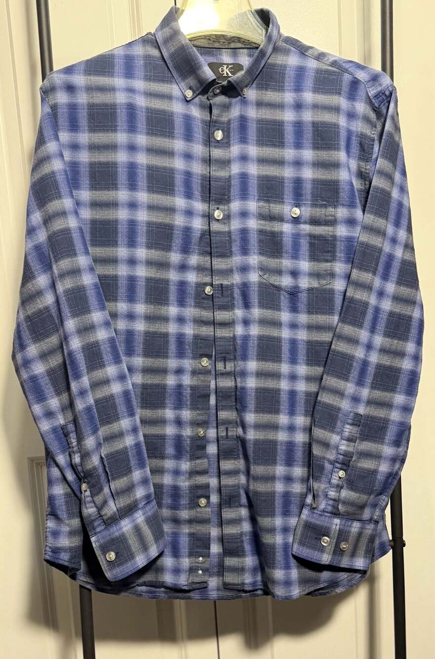 Calvin Klein Men's Blue Plaid Long Sleeve Button Down Shirt